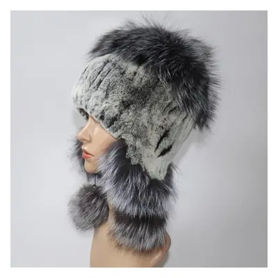 (grey, Elasticity 52cm-60cm) Elastic Knitted Rex Rabbit Fur Bomber Hat Handmade Real Fur Hats Wi