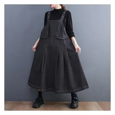 (black, One Size) Dimanaf New Autumn Style Women Denim Sleeveless Dress Fashion Loose Dress Long