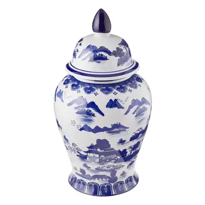 Oriental Furniture 18"" Landscape Blue & White Porcelain Temple Jar