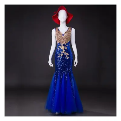 (blue, 3XL) Wtempo Women&apos;s Sleeveless V-neck Fishtail Evening Dresses Wedding Reception Dre