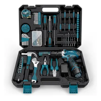 (206-PCs) Home Tool Kit Pieces - Home Tool Set with 12V Cordless Drill Portable Starter Power To