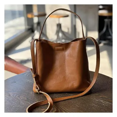 (brown) Johnature Genuine Leather Simple Bucket Shoulder Bags Vintage Large Capacity Cowhide Sol