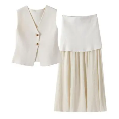 (beige, L) Knitted Pleats Patchwork Skirts Sets For Women Pieces Button V-neck Vest Top Ankle-le