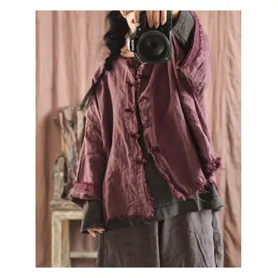 (dark purple, One Size) Johnature Women Vintage Linen Solid Color Jackets Button Chinese Style W