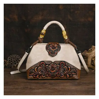 (beige) Johnature Luxury Handbag Vintage Handmade Leather Carved Women Bag Versatile Female Shou