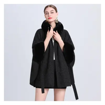 (black, One Size) Winter Woman&apos;s Shawl Cape Jacket Fur Collar Knitted Laced Seven-point Sle