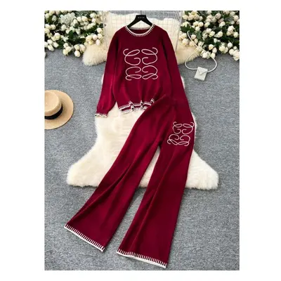 (red, One Size) Autumn Winter Knitted Two Piece Set Women Round Neck Long Sleeve Sweater+high Wa