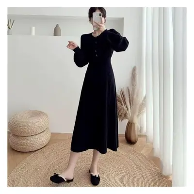 (black, One Size) Korean Style Autumn Winter Women Midi Dress Black Purple Apricot Knitting Over