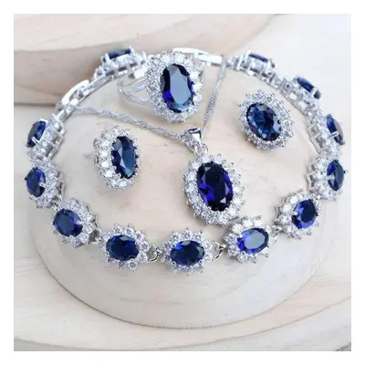 (as the picture, 10) Silver Women Bridal Jewelry Sets Blue Zirconia Costume Fine Jewellery Weddi