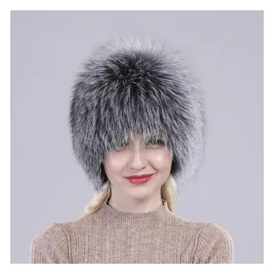 (silver, Good elasticity) New Russia Winter Real Fur Hat Outdoor Warm Knitted Women Real Fox Fur