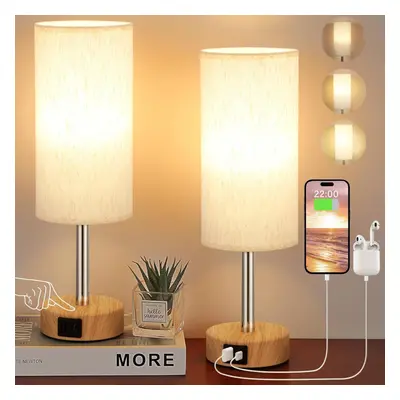 (Off White-2pc) Bedside lamp set touch-sensitive table lamps with USB-C and USB-A charging ports