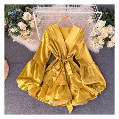 (yellow, Uniform code) Fashion European Style Lantern Sleeve Ruffle Dress Women Elegant V Neck B