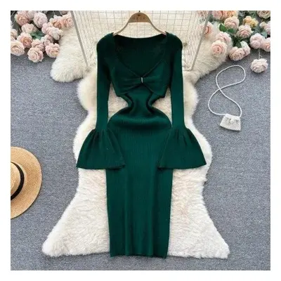 (green, One Size) Sexy Bodycon V Neck Flare Long Sleeve Knit Dress Chic Elegant Vestidos Autumn 