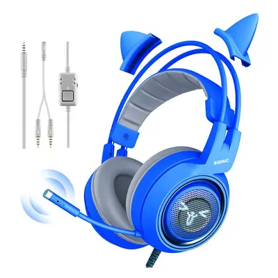 Blue Cute Gaming Headset 3.5mm Plug Wired Stereo Sound Headphone with Microphone for Computer PC