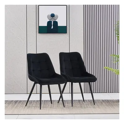 (BLACK) 2x Velvet Dining Chairs Padded Seat Black Legs