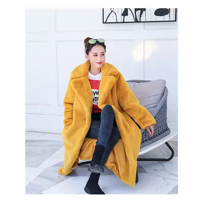 (L, yellow) New Female Winter Plush Thick Warm Loose Women Faux Rabbit Fur Co