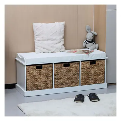 Hallway Storage Bench Woven Drawers Padded Cushioned Top White Frame