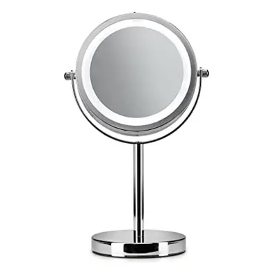 Chrome Illuminated Battery Operated Pedestal Mirror with 3x magnifying, H:30cm x W:12cm x D:18cm