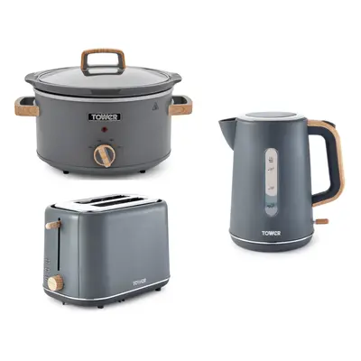 Tower Scandi Kettle Toaster & 3.5L Slow Cooker in Grey/Wooden Accents