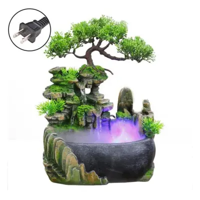 (green, US Plug with Fog) Simulation Resin Rockery Fake Tree Feng Shui Waterfall Humidifier Deco