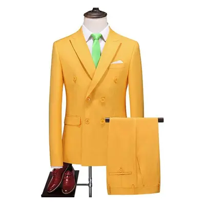 (yellow, S) Fashion Men&apos;s Business Double Breasted Solid Color Suit Coat / Male Slim Weddin