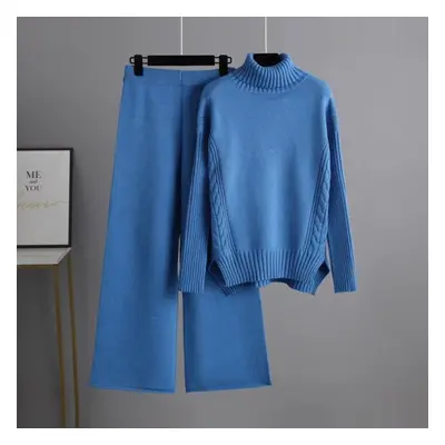 (blue, OneSize) Fall Winter Lazy Wind Loose Turtleneck Sweater Suit Women&apos;s Sollid Color Lo