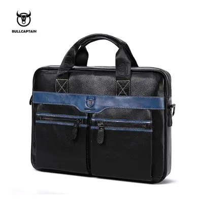 (blue) Bullcaptain Men&apos;s Bag Genuine Leather Men Briefcase For Laptop Messenger Men&apos;s 