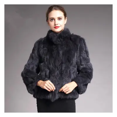 (dark grey, S) Natural Real Rabbit Fur Coat Woman Winter Fashion Stand Collar Plus Size Luxury W