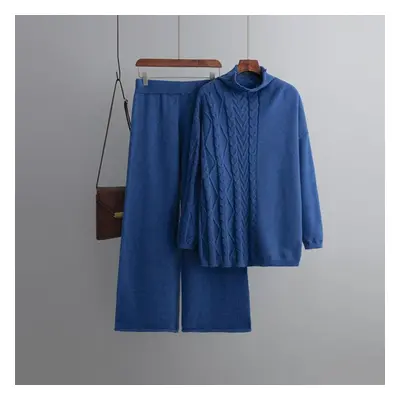 (blue, OneSize) Autumn Winter Oversized High Neck Long Sleeve Solid Color Casual Set Women Soft 