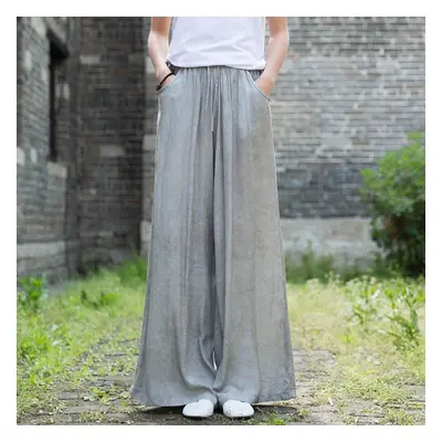 (gray, One Size) Johnature Spring Autumn Full Length Retro Pants Elastic Waist Tie Dye Wide Leg 