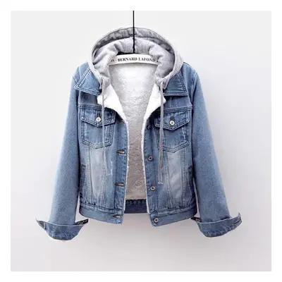 (light blue, XXXXL) Women&apos;s Fashion Casual Coat Long Sleeve Pocket Button Denim Plush Jacke