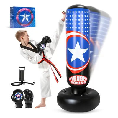 (Black) Inch Large Inflatable Kids Punching Bag Set for Boys and Girls Ages 3-14, Freestanding P