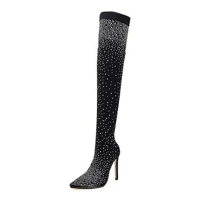 (Black, 42) Crystal Fabric Over-the-knee Pointed Toe 11cm Heel Boots For Women