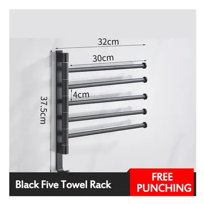 (Black five towel rack) Aluminum Wall Mount Towel Rail Rack Rotatable Holders 2/3/4/5 Storage Ha