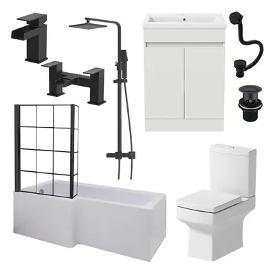 Complete Bathroom Suite Black L Shape LH Bath Screen Vanity WC Shower Taps