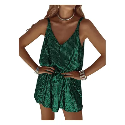 (Small, Green) Women Sequin Sexy V Neck Shift Dress Sparkly Glitter Sleeveless Short Flowy Loose