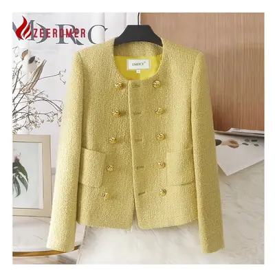 (M, Yellow) Autumn Winter French Luxury Tweed Jacket Coat Women O-Neck Long