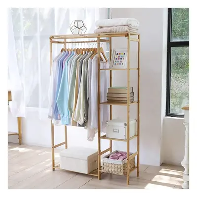 Bamboo Wood Clothing Garment Rack Clothes Storage Shelf with Shelves