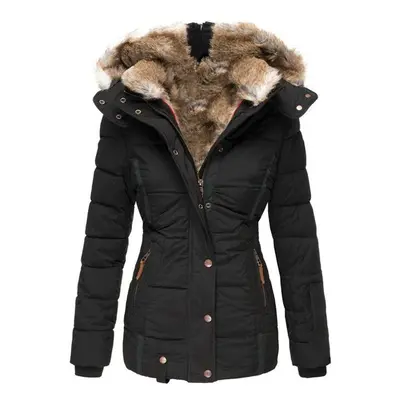 (black, XXXL) Winter Warm Fur Collar Cotton Coat Women&apos;s Zipper Long-sleeved Slim Cotton Co