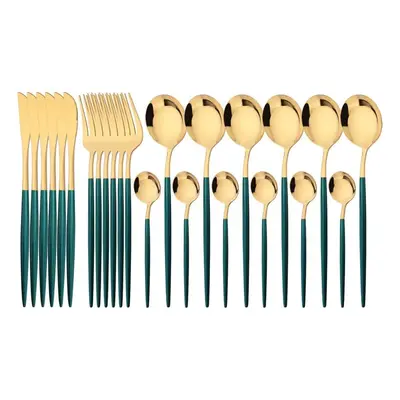 (green,gold) 24pcs Mint Gold Dinnerware Set Knife Fork Coffee Spoon Cutlery Western Stainless St