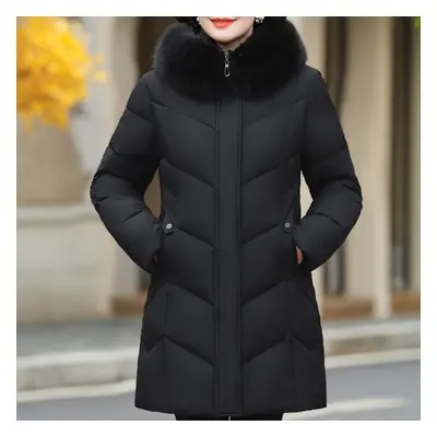 (black, XL) Plus Size Xl-6xl Winter Long Coat Female Outerwears Hooded Elegant Faux Fur Collar L