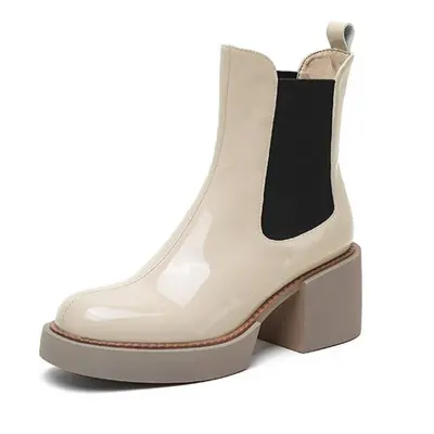 (apricot, 40) Women Fashion Cow Leather Ankle Boots Casual Square Heels Office Lady Chelsea Boot