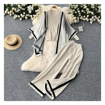 (apricot, One Size) Women Chic Knit Two Pieces Sets Lool Sleeve Patchwork O Neck Basics Split Hi