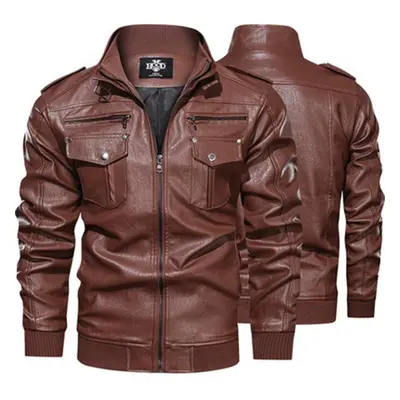 (brown, L) Leather Bomber Jacket Men Fashion Coat Stand Collar Zipper Pockets Jackets Slim Fit J