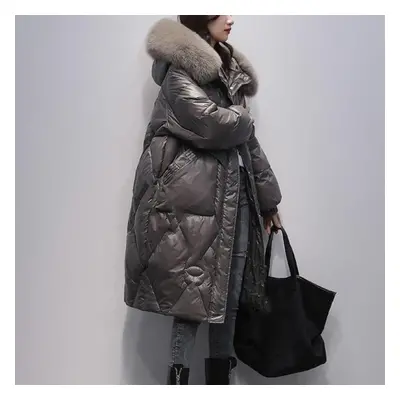 (grey, M) Women&apos;s Down Cotton Jacket Medium-length Thickened Coat Oversize Warm Large Fur C