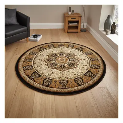 Heritage Circular Rugs in Black Cream Traditional Soft Powerloomed Mats 150x150cm