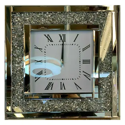 Square Bling Crushed Diamond Filled Silver Mirrored Stylish 30x30cm Wall Clock_