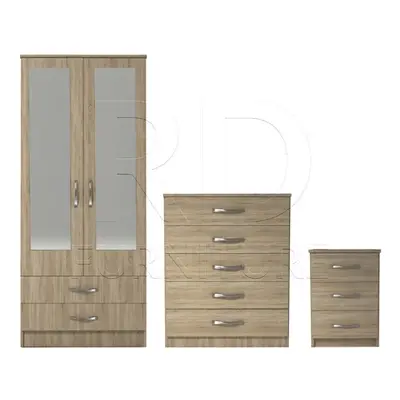 Ready assembled Pcs Classic Door Drawer Mirrored Wardrobe, Chest And Bedside Set Oak