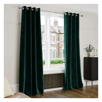 (Green, 66" x 90" (168cm x 228cm)) Thick Heavy Velvet Curtain PAIR Eyelet Ring Top Fully Lined R