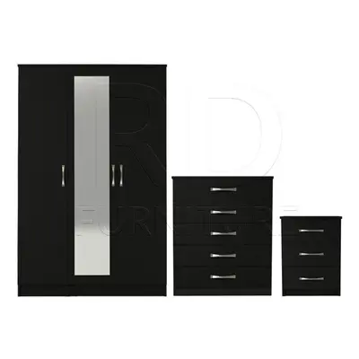 Ready assembled Pcs Classic Door Mirrored Wardrobe, Chest And Bedside Set Black